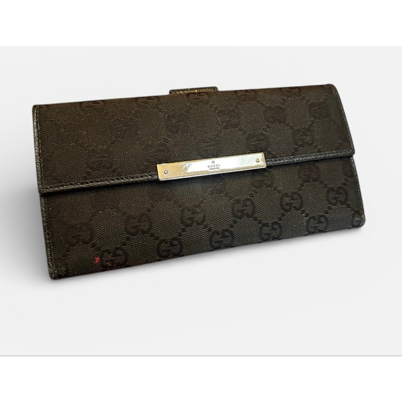 Gucci Handbags - Gucci Black Monogram Canvas & Leather Long Snap Wallet with Silver Accent